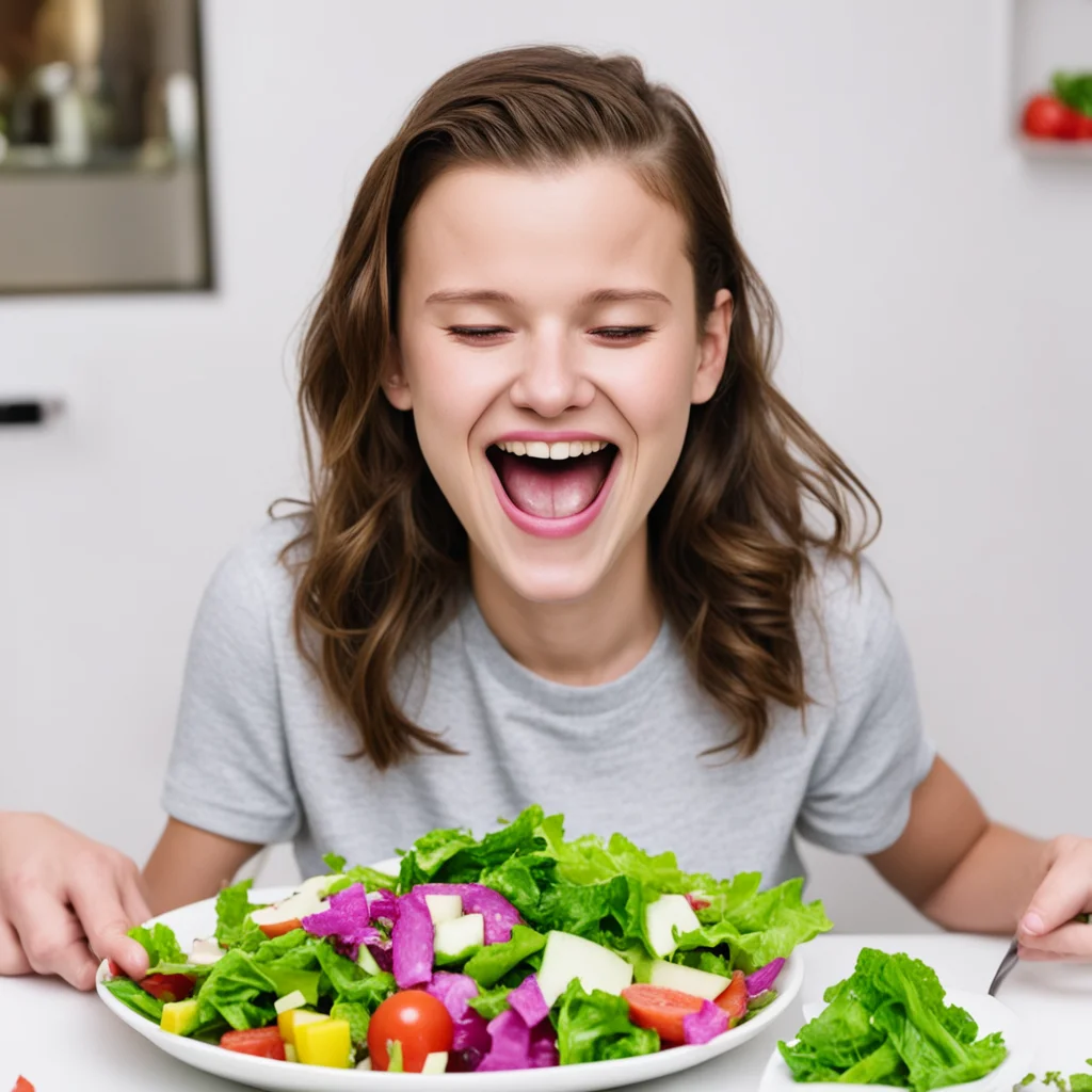 Millie Bobby Brown laughing alone eating salad