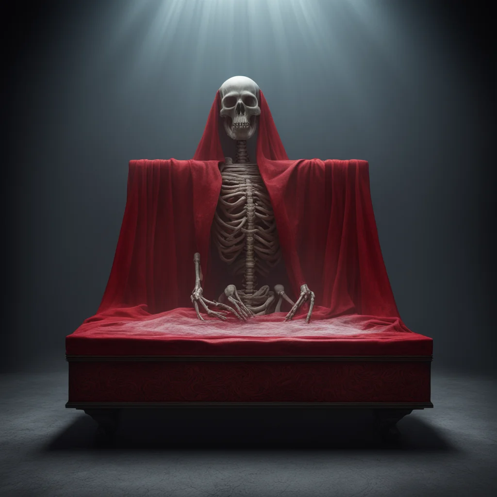 Mortuarium Skeleton coffin  sculpted porcelain translucent fabricstonewetness  atmosphere fog god rays monolithic red si