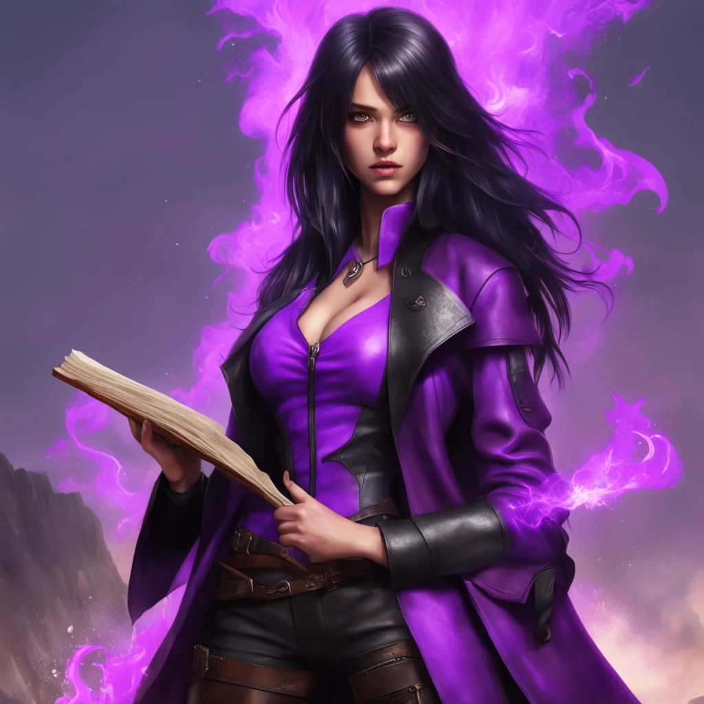 Mountain Beautiful Purple Skinned Blade Mage girl with Black Hai Bangs Book Witch Rogue in Leather Coat Character Key ar