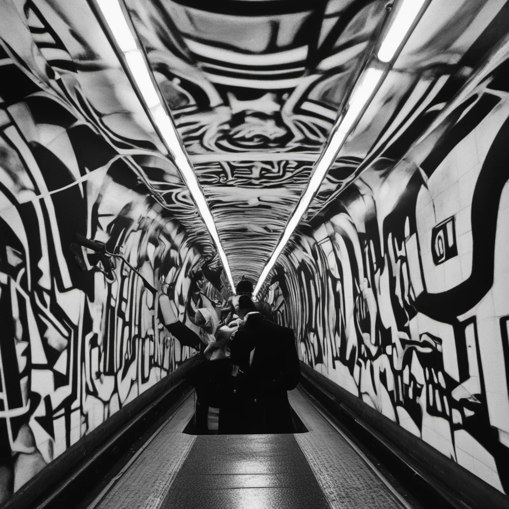 NYC Subway tunnelsMC Escher psychedelic patterns photorealistic crisp focus high contrast black and white monochrome uplight