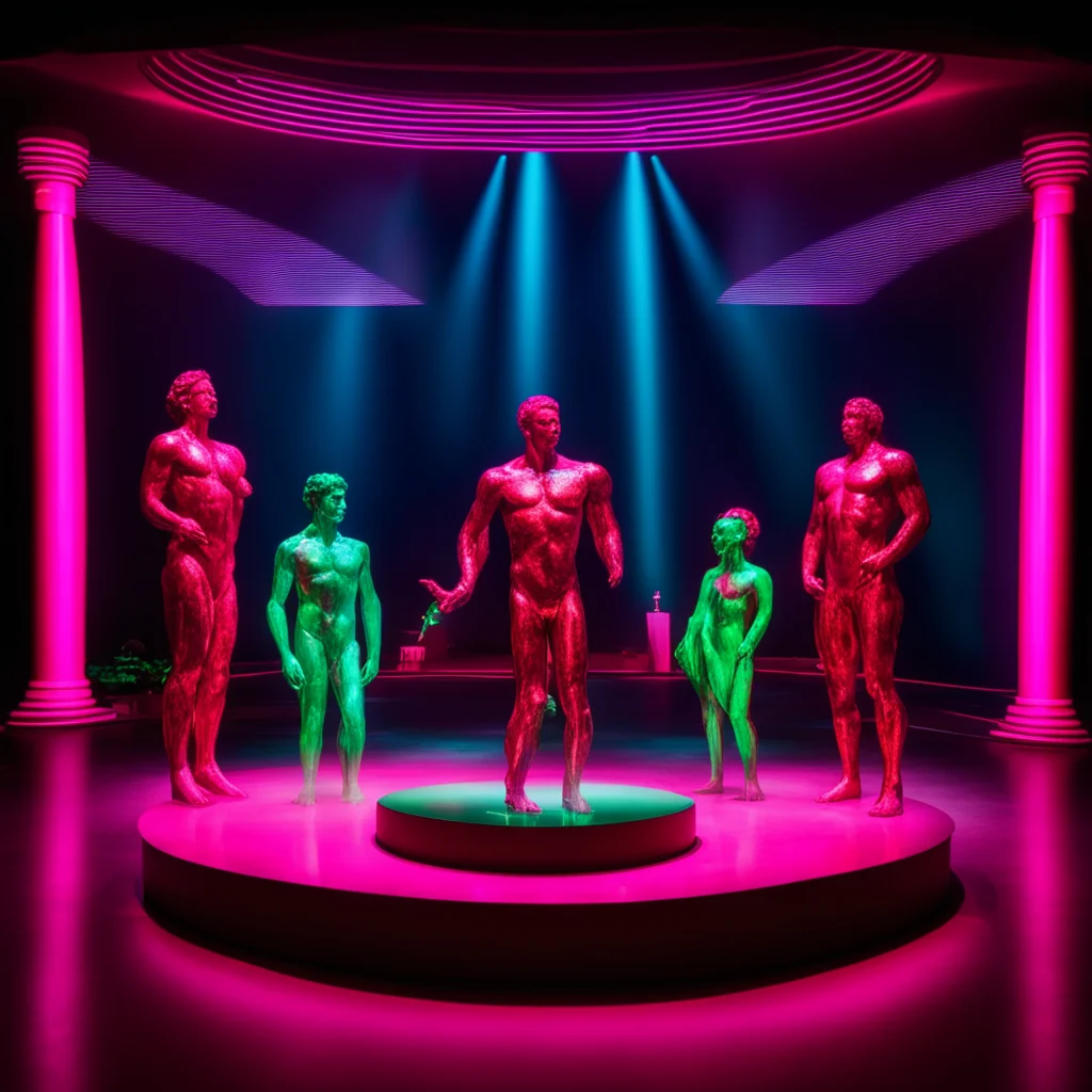 New Theatre Show Adam and Eve Hologram Statues stand left and right next to a red conference table