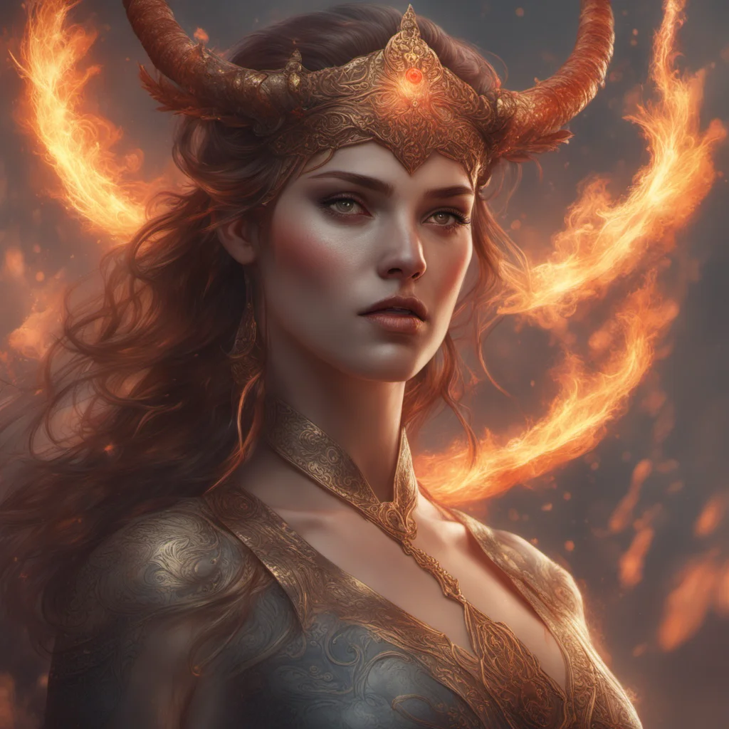 Norse goddess of fire character portrait lean face cinematic lighting glowing golden eyes hyper detailed cgsociety 8k high resolution in the style of Ch