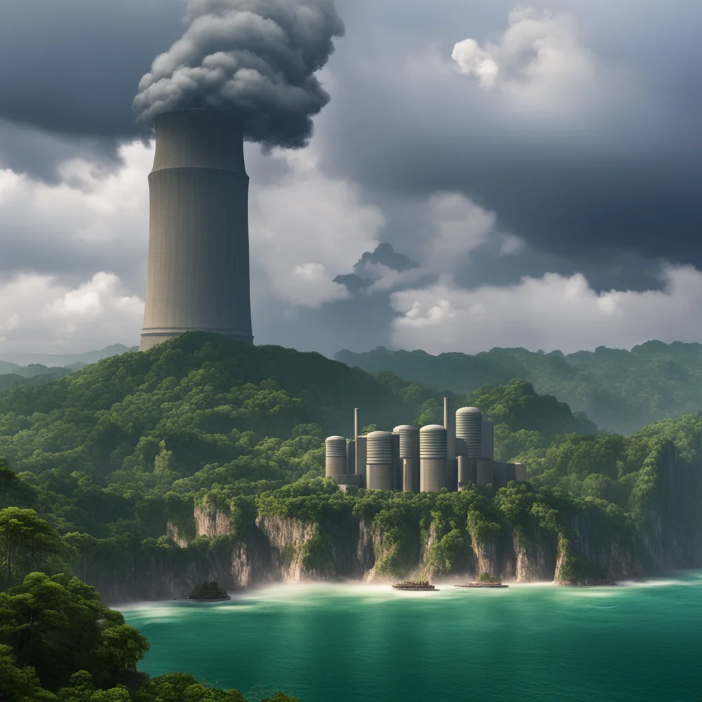 Nuclear energy plant with nuclear cooling towers white steam the coast of Thailand huge coastal limestone cliffs dense v