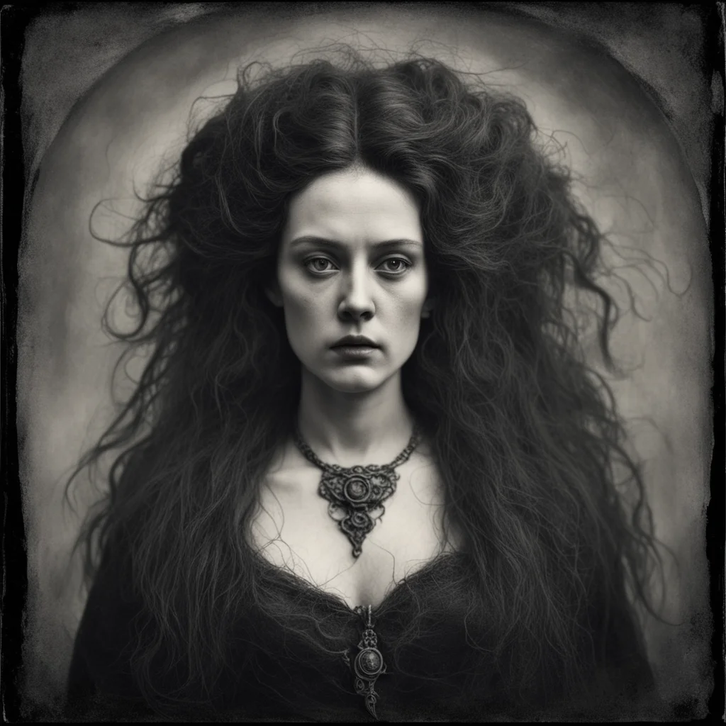 Occult Witch Crowley symbology Tangled Hair Crescent moon realistic detail high render octane Tintype 1800s