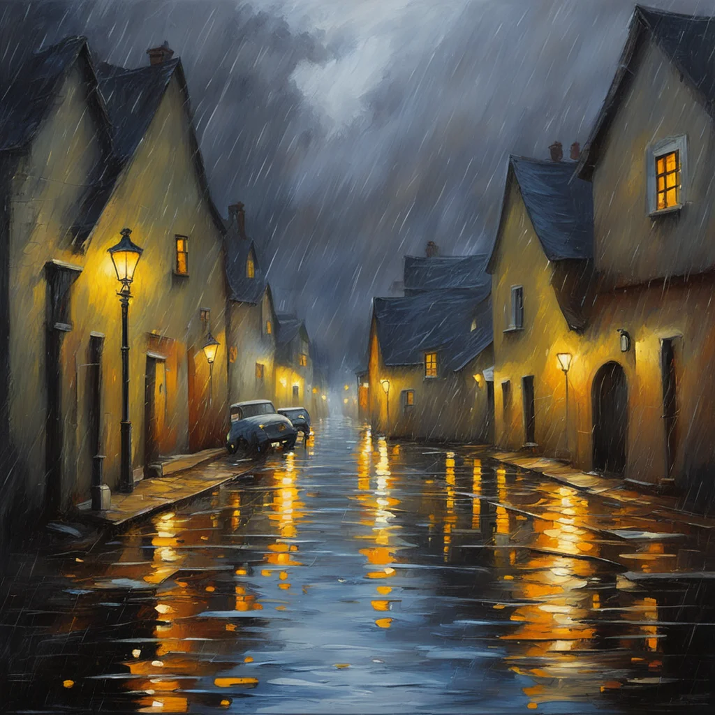Oil Painting Irish village busy scene evening lighting in the heavy pouring rain Feeling of chaos and cold Painting the 