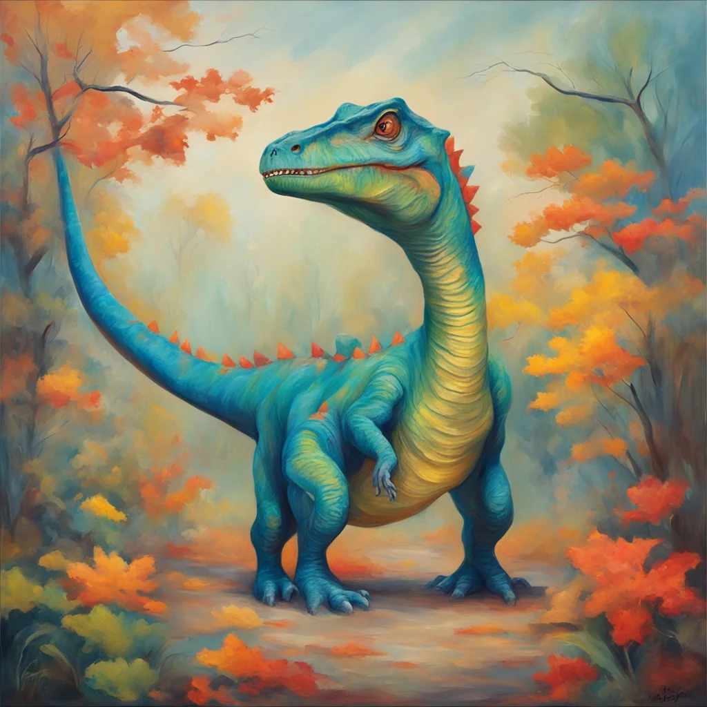 Oil Painting of a dinosaur with a warm autumnal feeling The colors are mostly blues greens and yellows with some red The