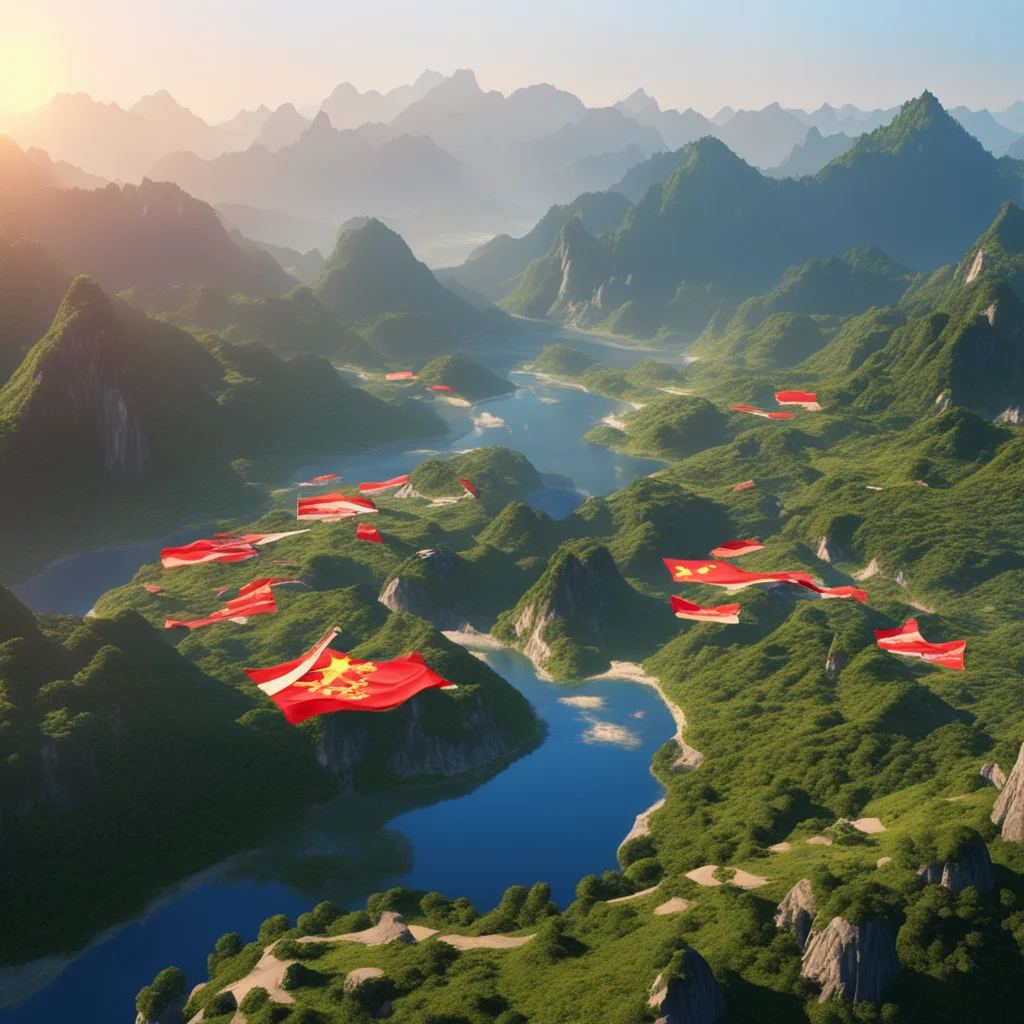 On a topographical mountain the sun shines at dawn with a river in the middle There are many Chinese flags on the terrai