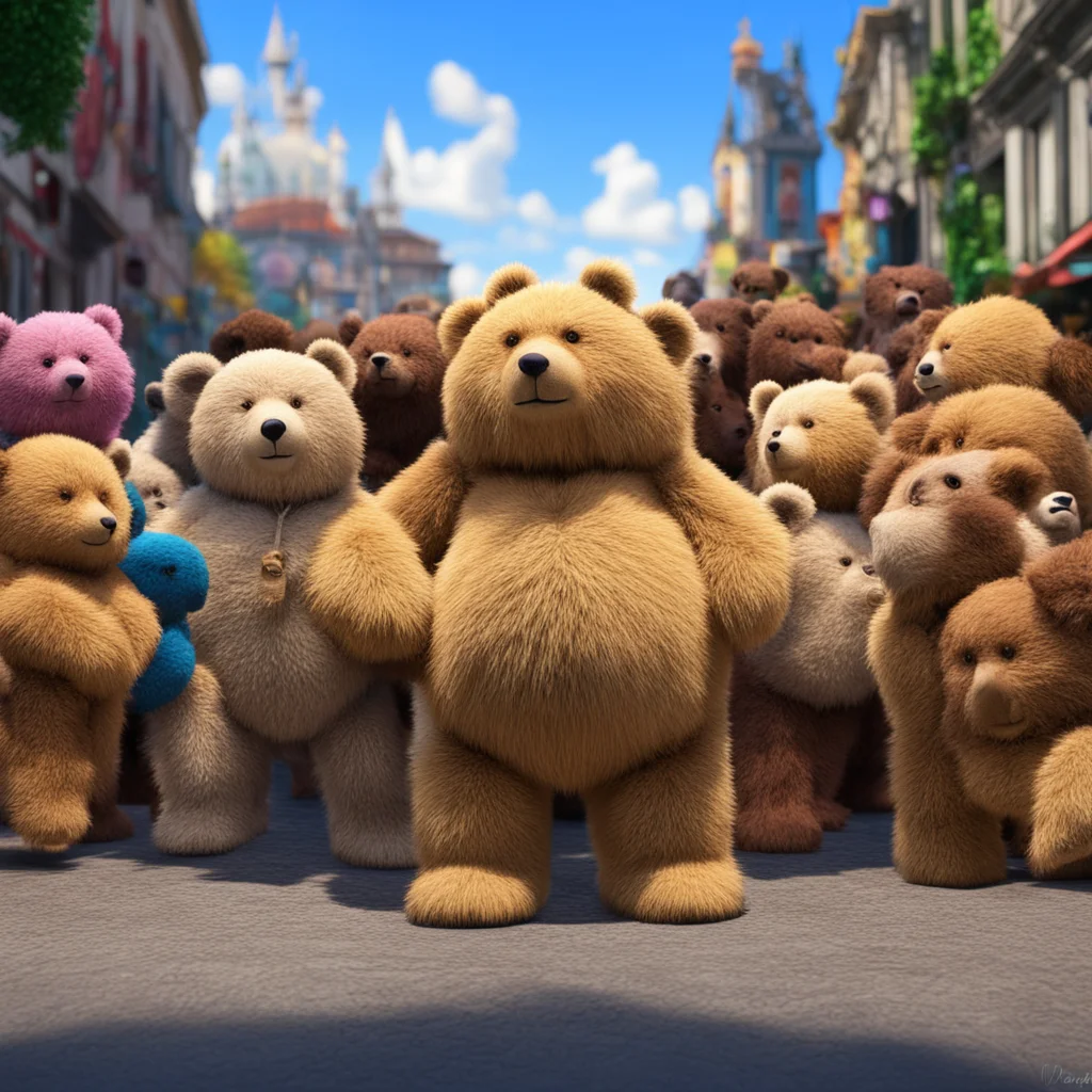 One [big teddy bear] carry a camara standing in middle15 one small teddy bears on left fit in screen14 another small ted