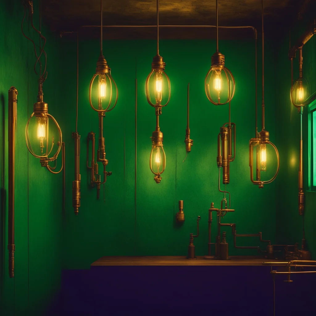 One wall is emerald shop ten lights Edison bulbs hanging from the ceiling golden pipes on the wall retro atmosphere dark