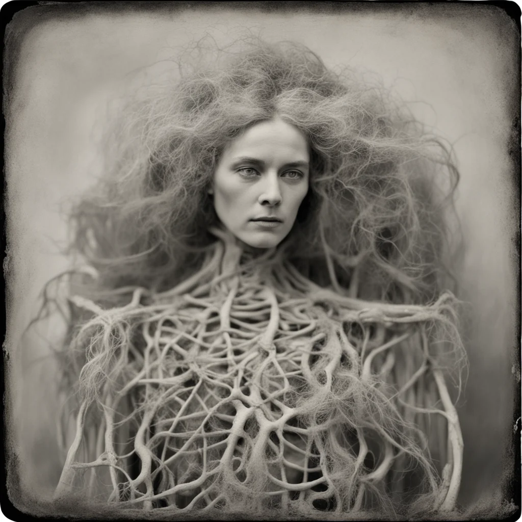 Oracle Relic Skeletal Conjoined hair tangle Baroque silver cobwebs high detail render Tintype by Ansel Adams 1800s ar 34