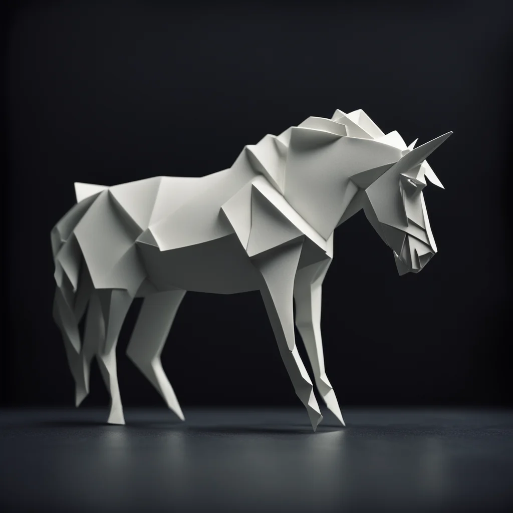 Origami unicorn made from white paper on a black table gloomy haze melancholic dark faded colors ultrarealistic highly d