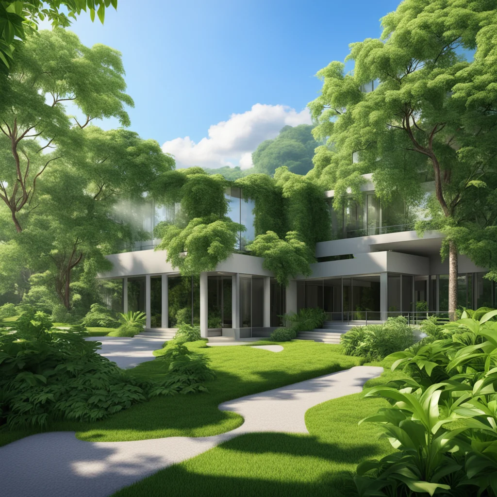 PRODIGIUM film production company headquarters sunny day with lush foliage matte painting high detail 4k ar 169