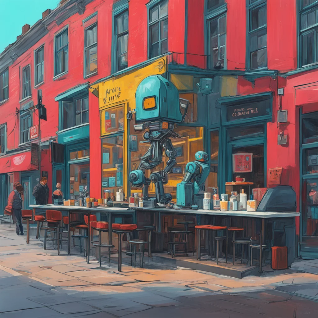 Painting af a cafe in Copenhagen city center with a robot standing in the center of frame  Simon Stalenhag