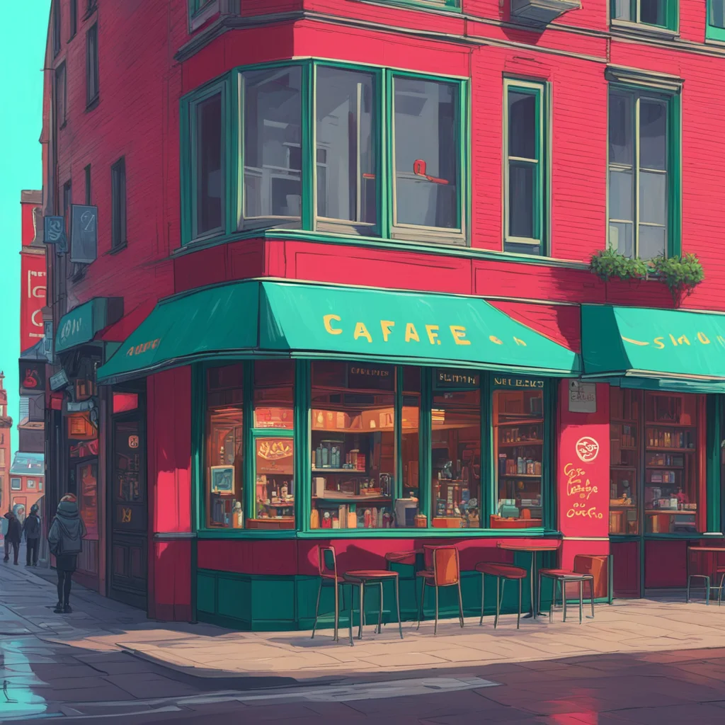 Painting of a cafe in Copenhagen city center with a robot standing in the center of frame  Simon Stalenhag  detailed  8k