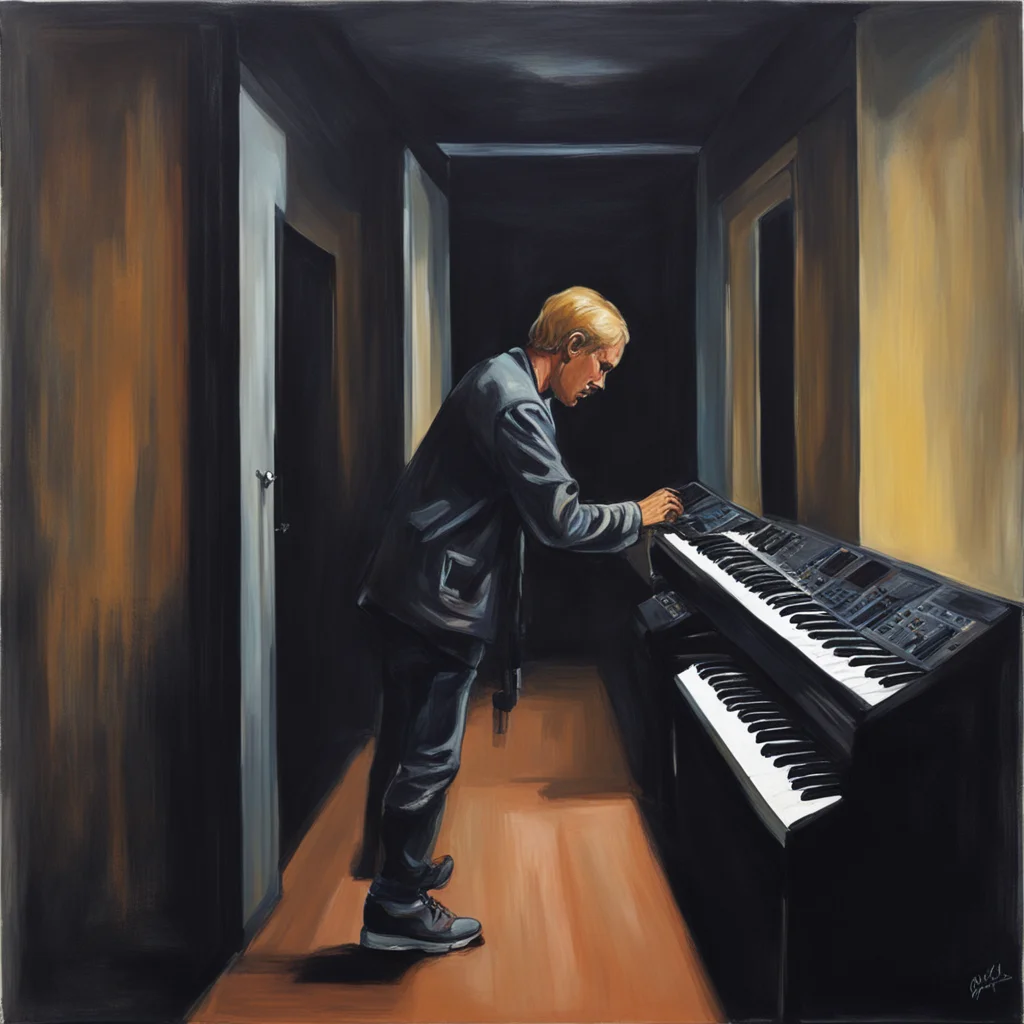 Painting of a dark blond German man playing a Yamaha synth in a small room at the end of a dark hallway