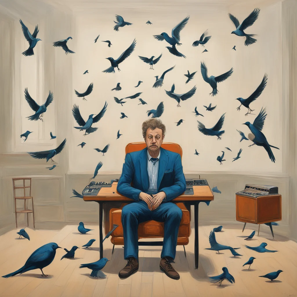 Painting of a man sitting in a chair playing a synthesizer in an empty room surrounded by birds