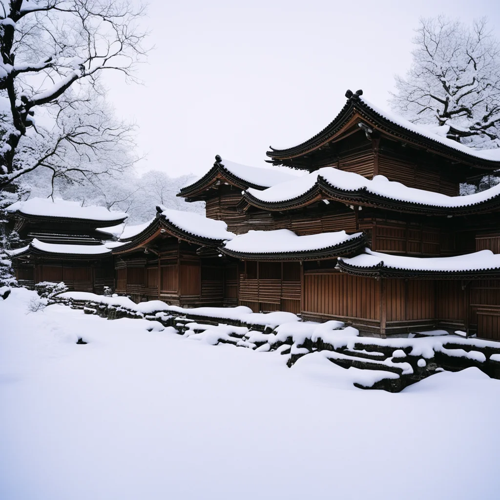 Panorama Japanese traditional wooden buildings in the snow by 200m film photography
