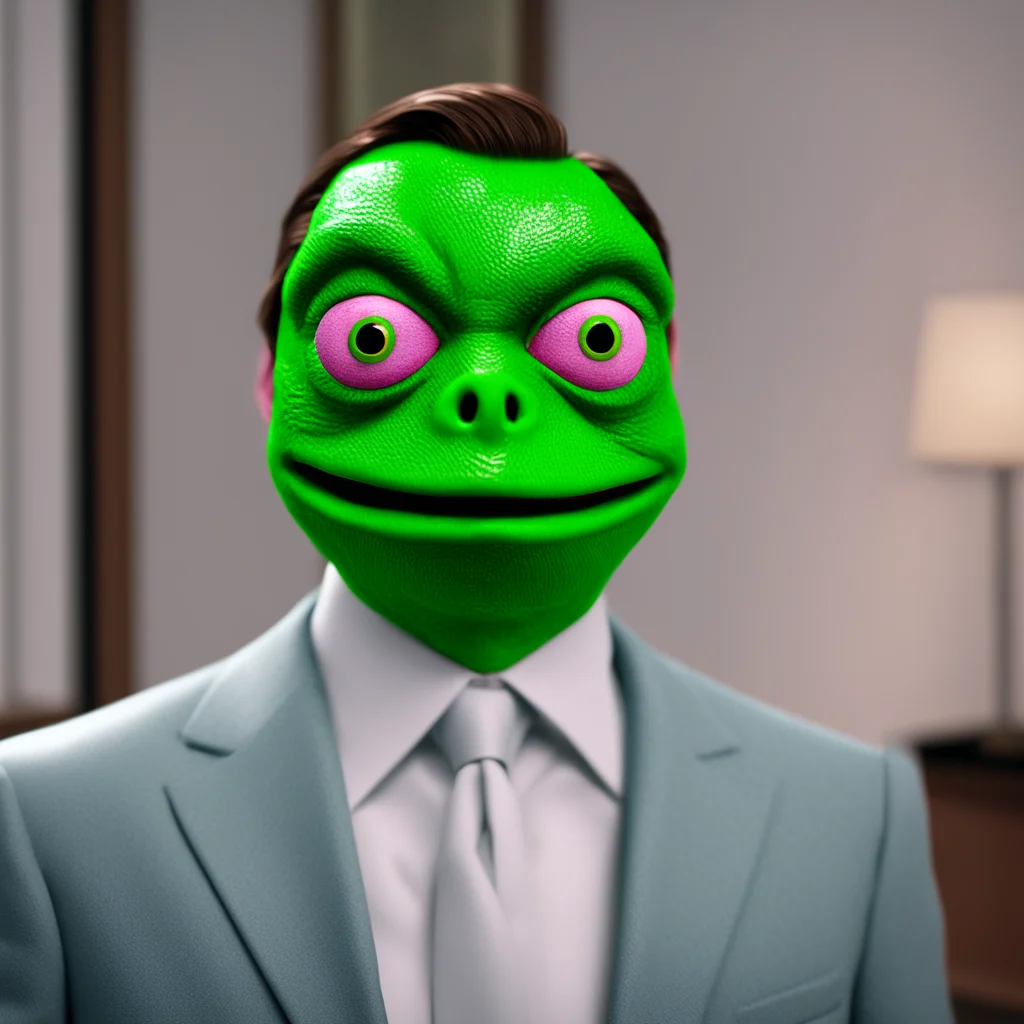 Patrick bateman from American Psycho Wearing a Pepe The Frog Mask Hyper Realistic Sweat Photo realistic unreal engine 5 