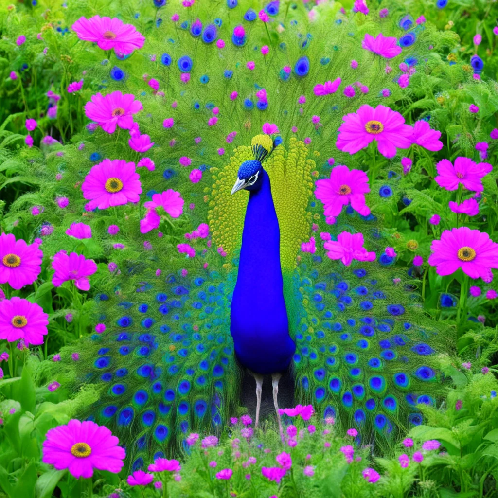 Peacock hiding in tall flower garden ar 64