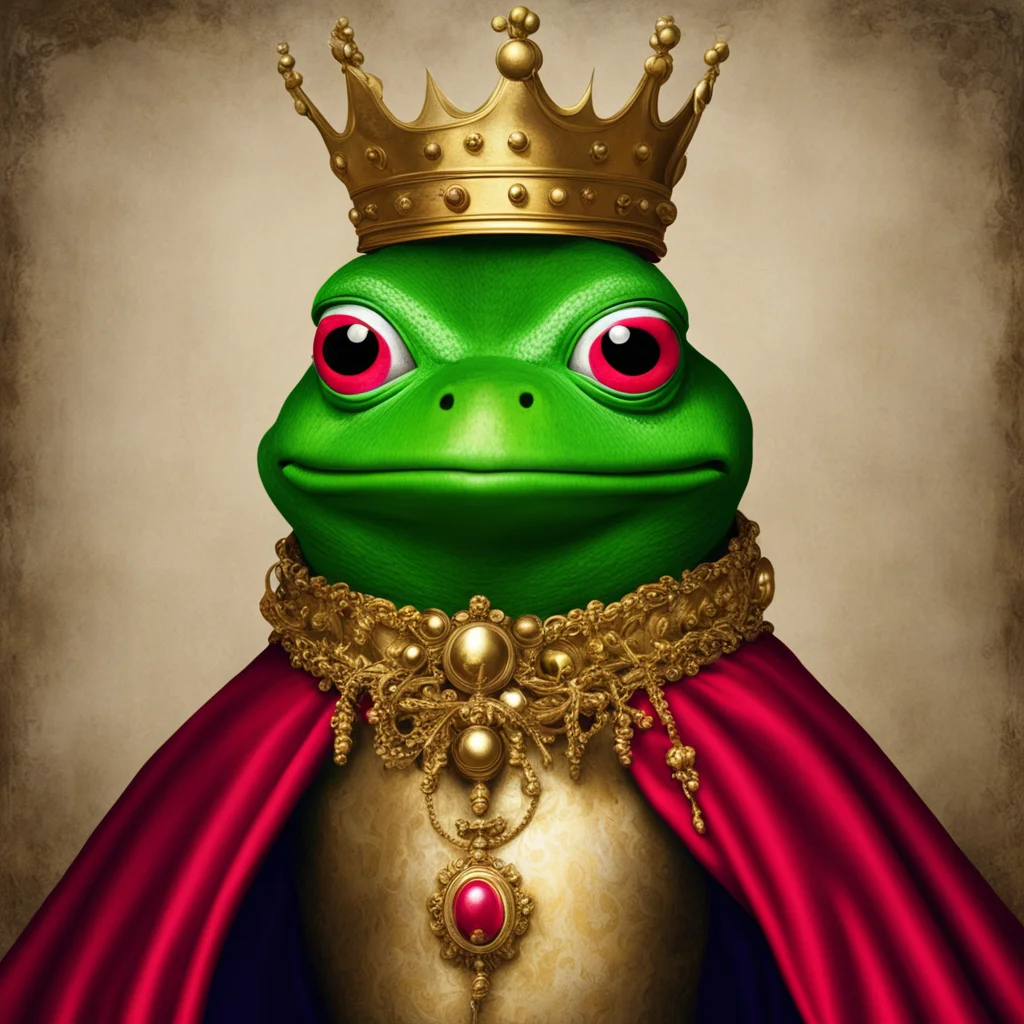 Pepe the frog depicted as 16th century Royal portrait painting Royal attire crown gold red royal cape
