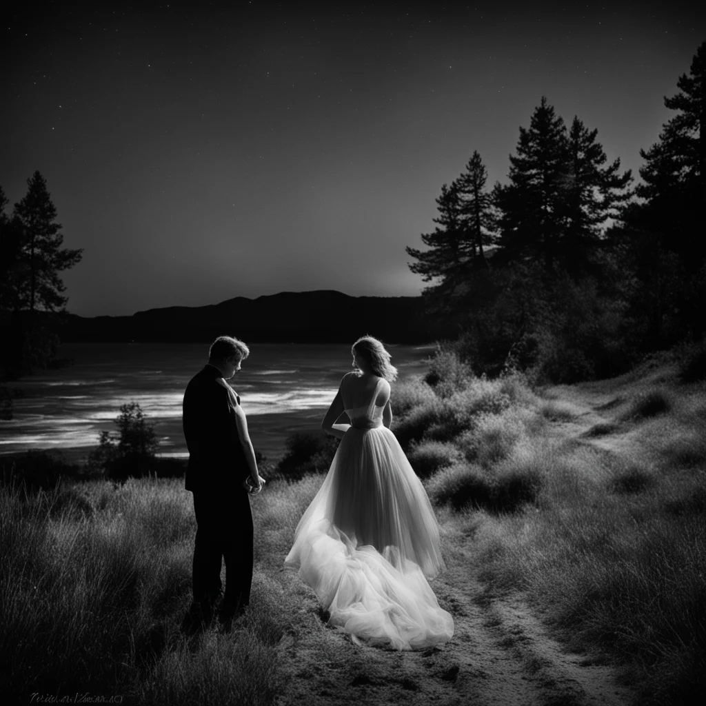 Photograph in the style of Ansel Adams of lovers in the the night