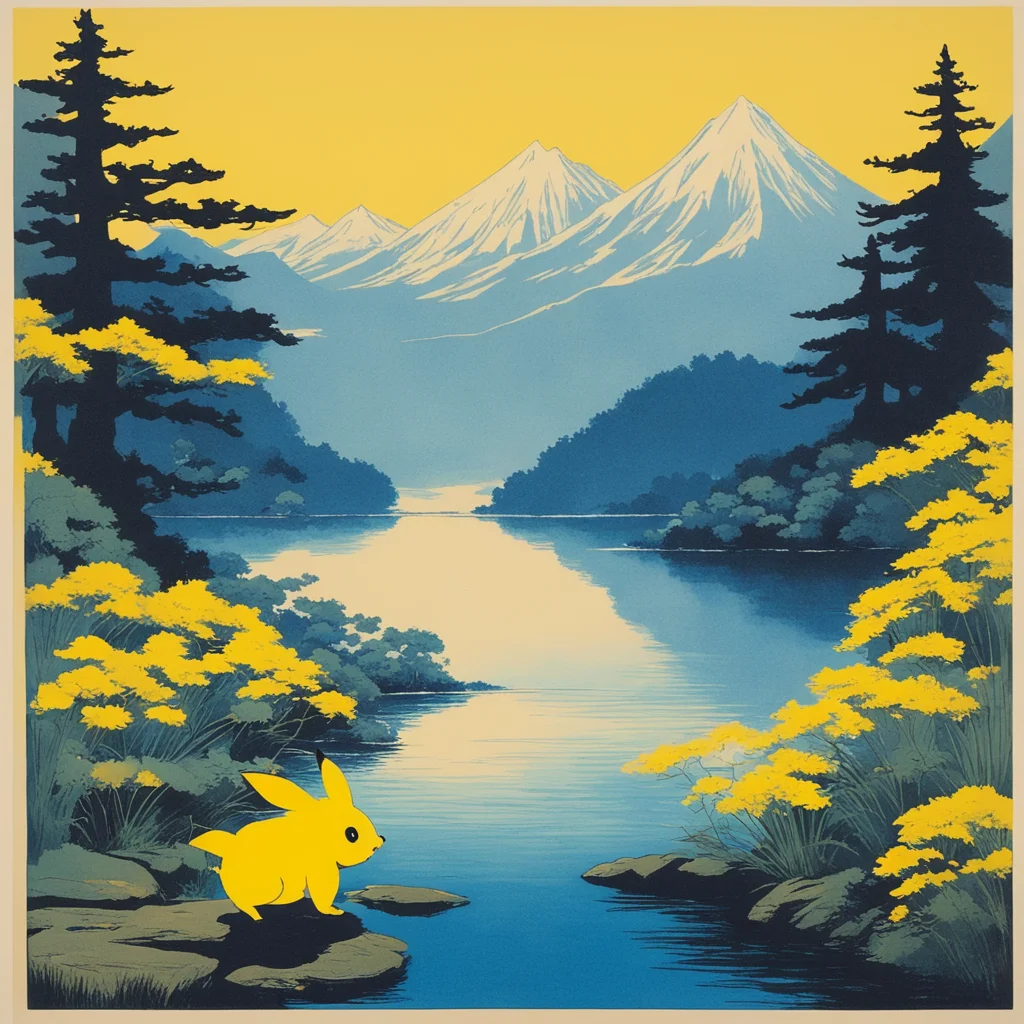 Pikachu in a garden a lake and moutains behind japanese woodblock print by ivan aivazovsky 1 yellow and black risograph 