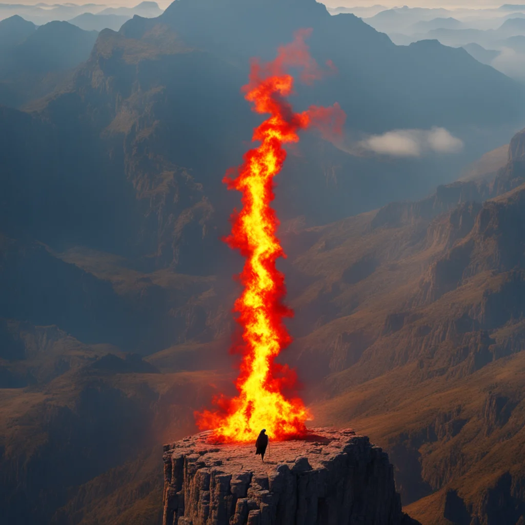 Pillar of fire between mountains aerial view Crow walking towards the pillar Scene of bible history