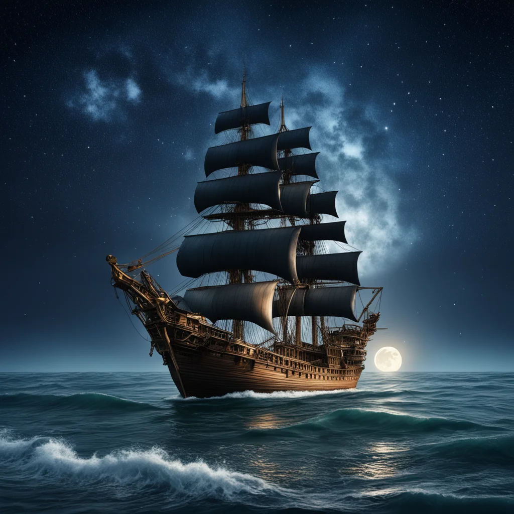 Pirate ship in a calm sea with stars and galaxies with the full moon in the sky hyper realistic hyper detailed