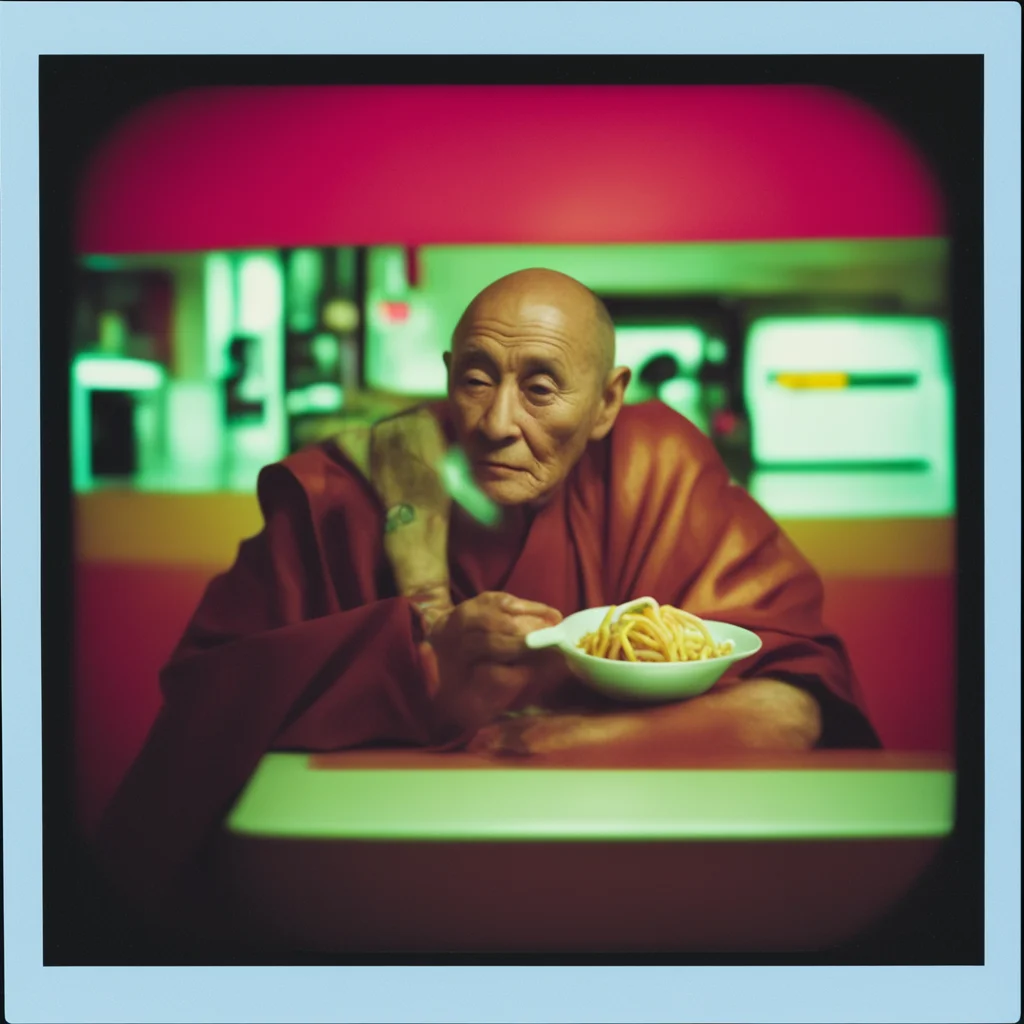 Polaroid photo with flash light of a monk eating at a McDonald’s