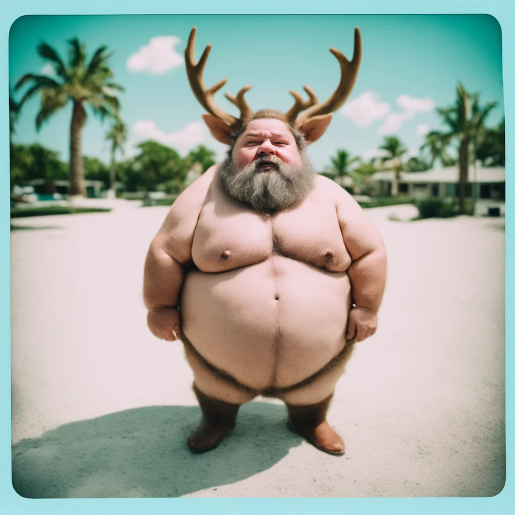 Polaroid photograph of fat dwarf with antlers within miami   bright sunny day
