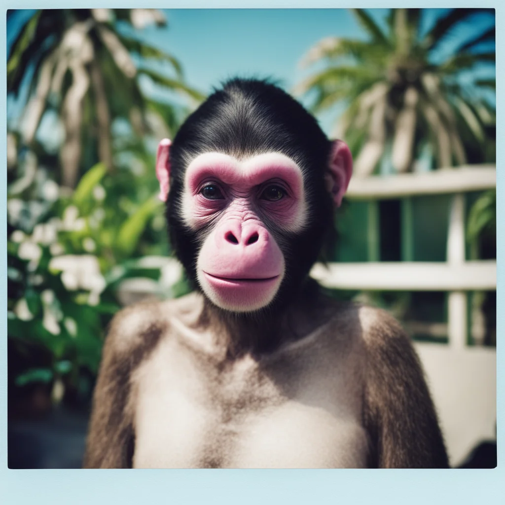 Polaroid photograph of no face lady monkey miami   bright sunny day