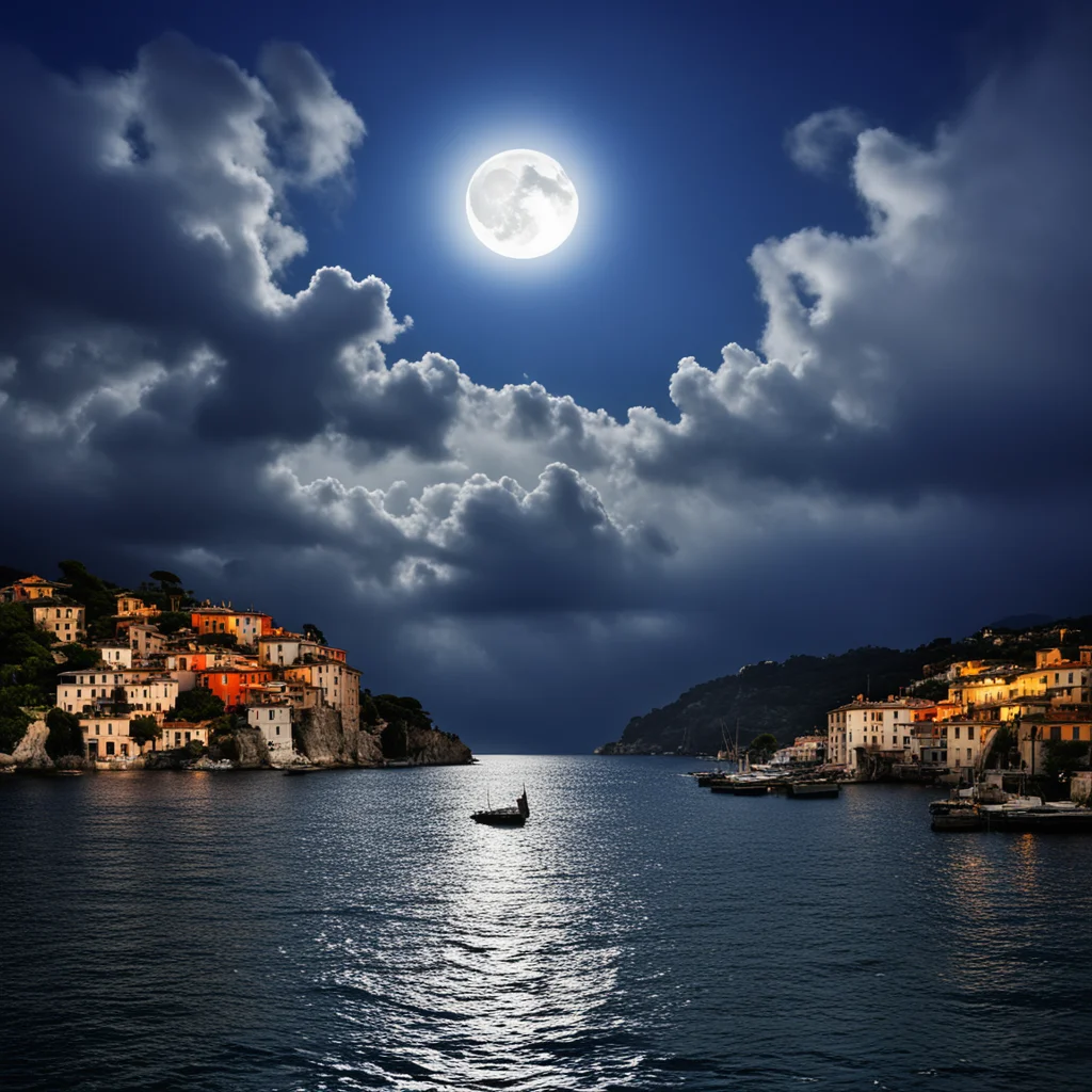 Portofino full moonlight seagulls dramatic clouds ar 916