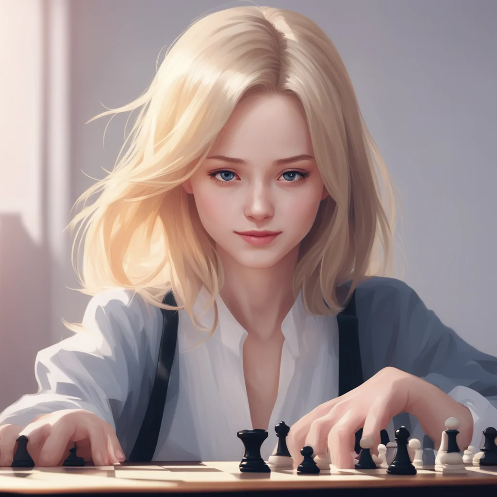 Portrait by Ilya Kuvshinov of a beautiful blonde girl like yoona playing chess with white and black pieces on the board 
