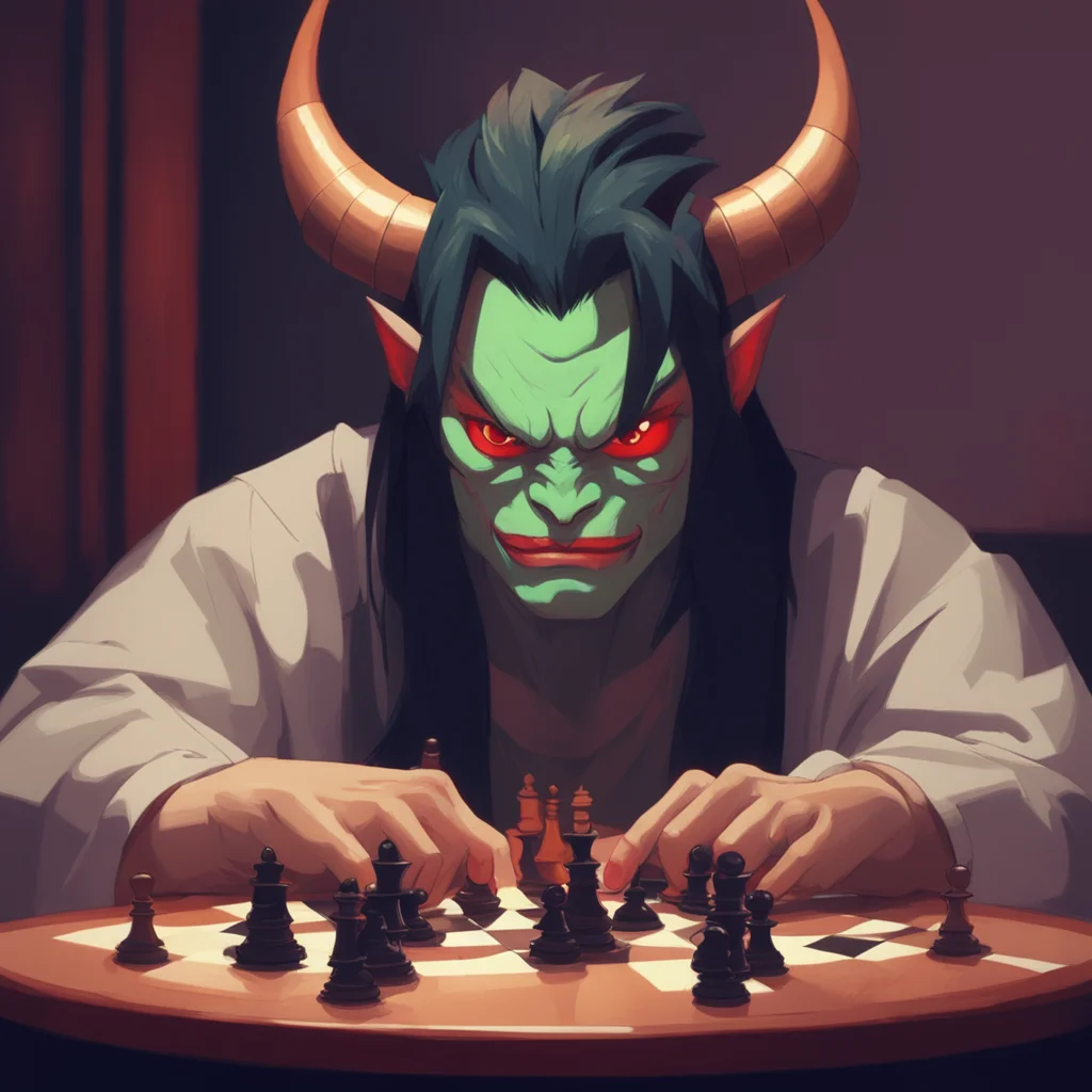 Portrait by Ilya Kuvshinov of a oni playing chess at a table slight smile symmetrical face Trending on pixiv FHD detaile