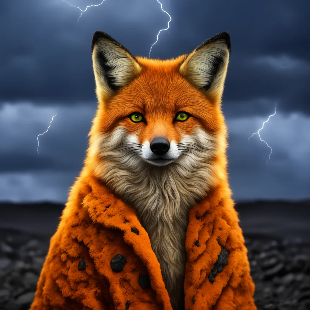 Portrait of fox moon craters skin glowing eyes orange fur yellow light wearing a coat made of lava rock standing in a de