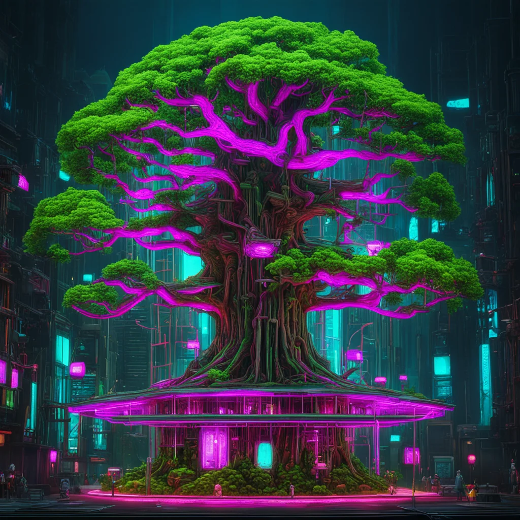 Precise architecture of beautiful bomsai treestarwars neobrutalist complex neon cyberpunk stunning tree ethereal fairy l