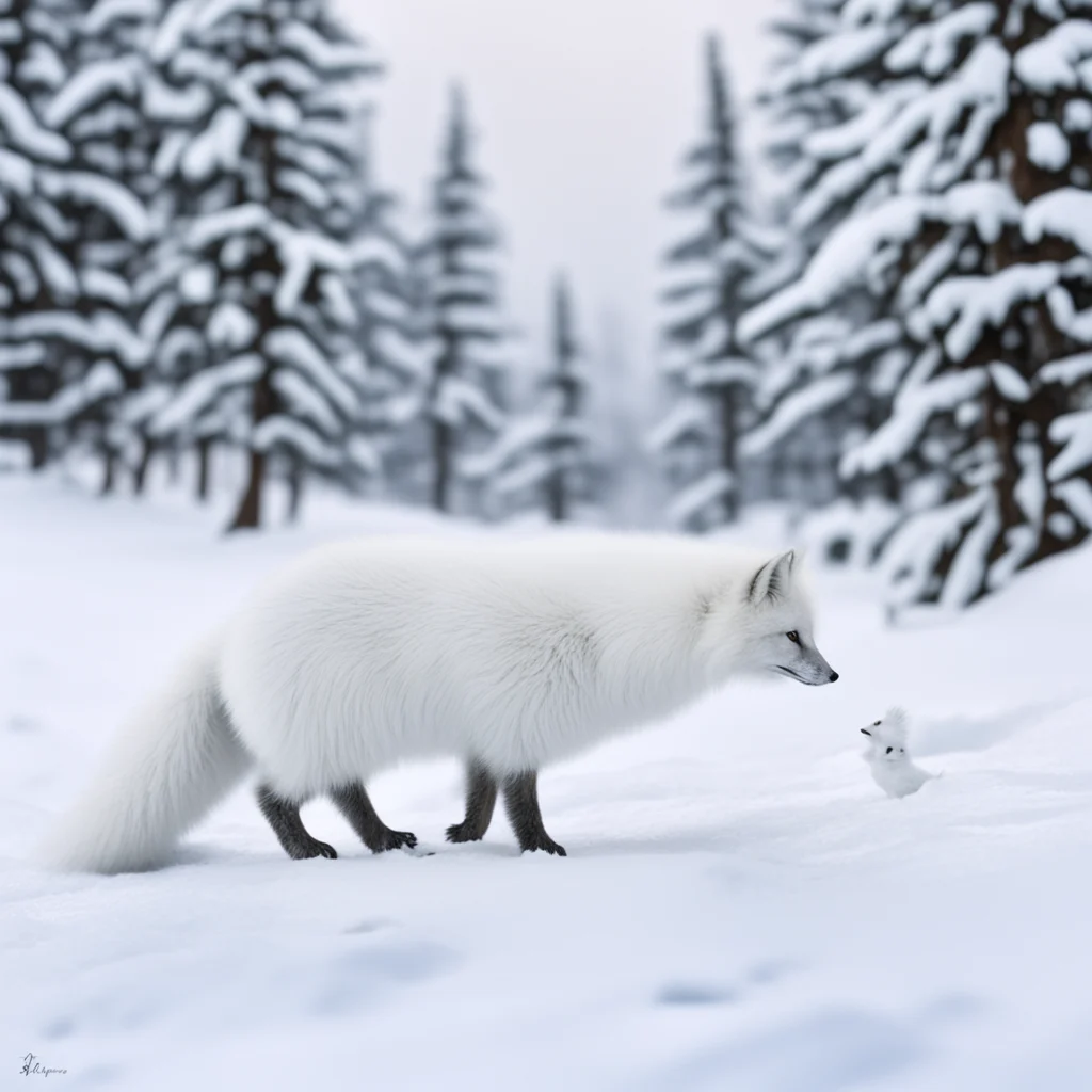 Precisionism art An arctic fox and white ptarmigan in a snowy scene