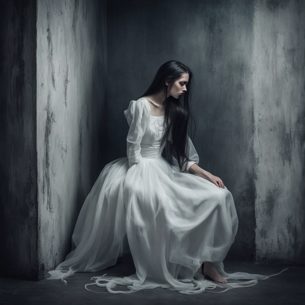 Profile of female in white dress and long dark hair sitting in corner tentacles wrapping around her lower legs her chin 