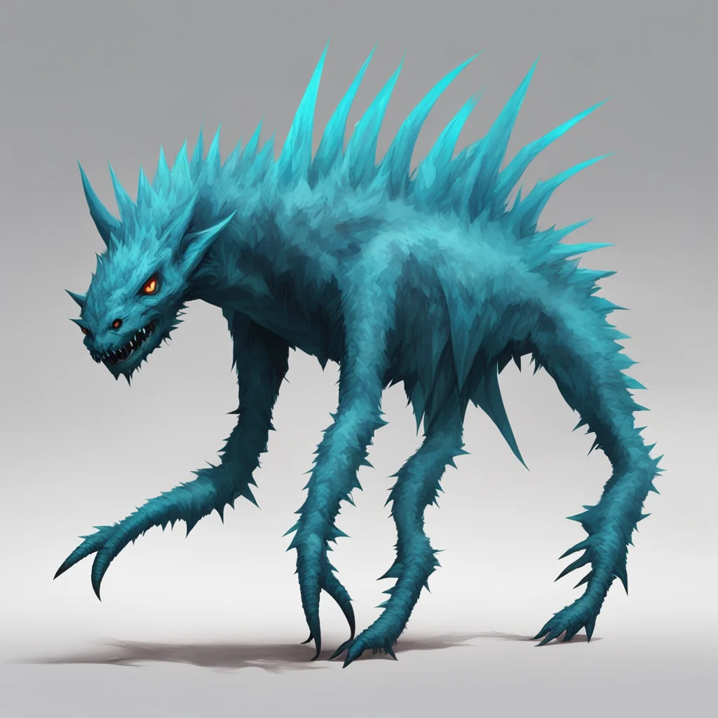 Quadrupedal creature light blue spikes on back long zigzag tail wide feet concept art