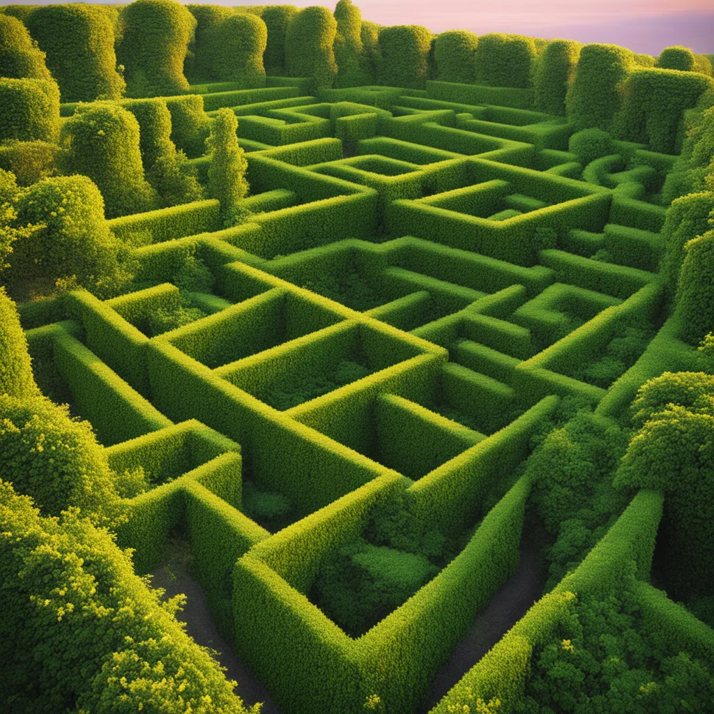 Rambling hedge maze labyrinth maze wide shot enormous messed weird plants randomness chaos manicured bushes master gardener tended cubist mysterious endless los