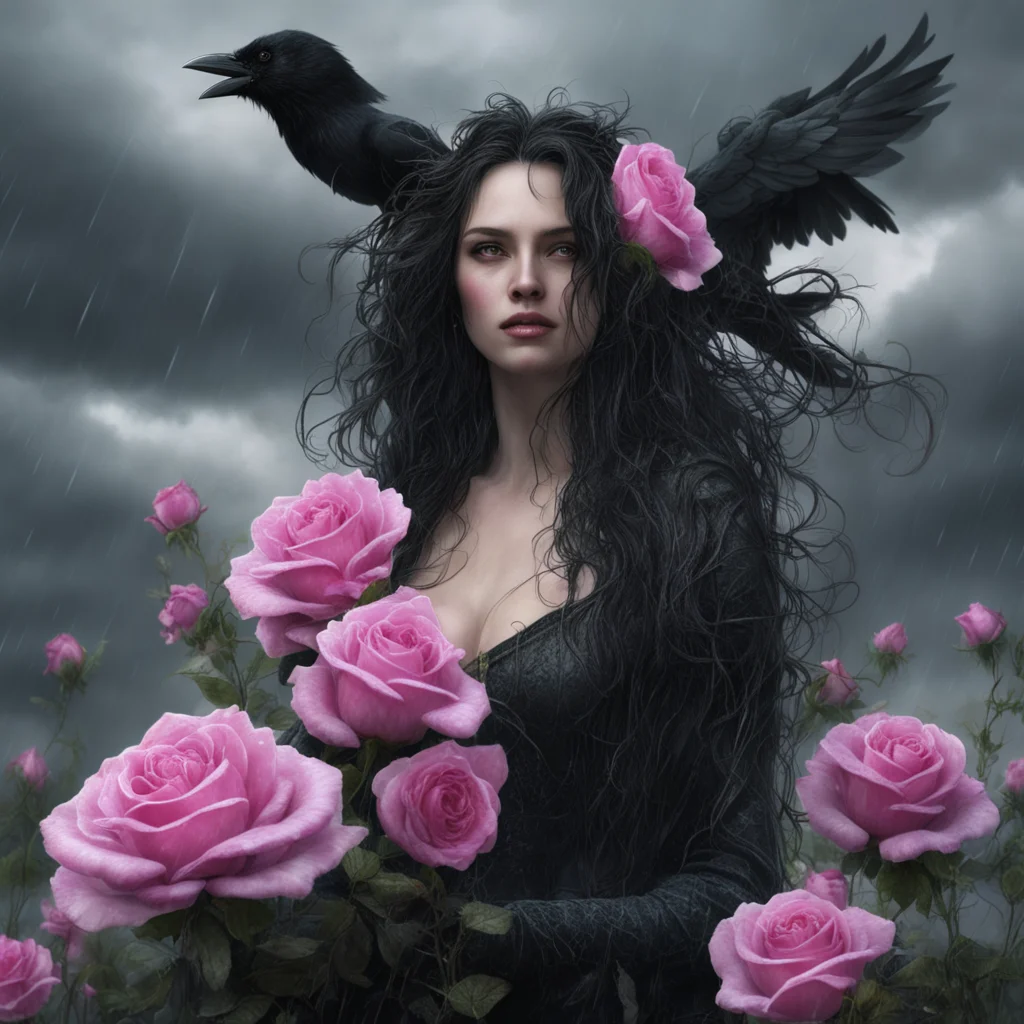 Raven haired woman with pale skin beautiful witch light pink roses thorns and vines storm clouds light rain that shimmer
