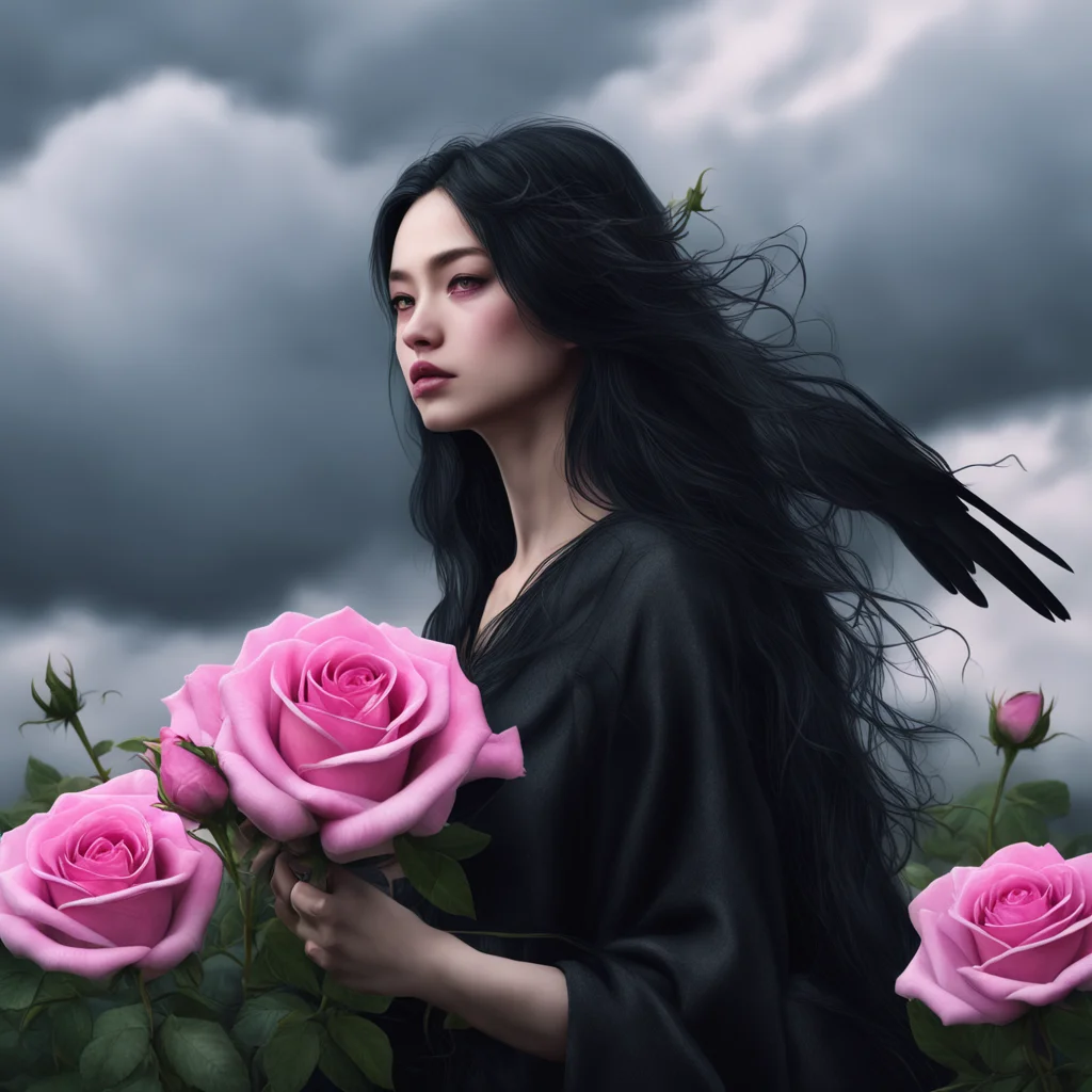 Raven haired woman with pale skin beautiful witch light pink roses thorns storm clouds cinematic June Choi Unreal Octane