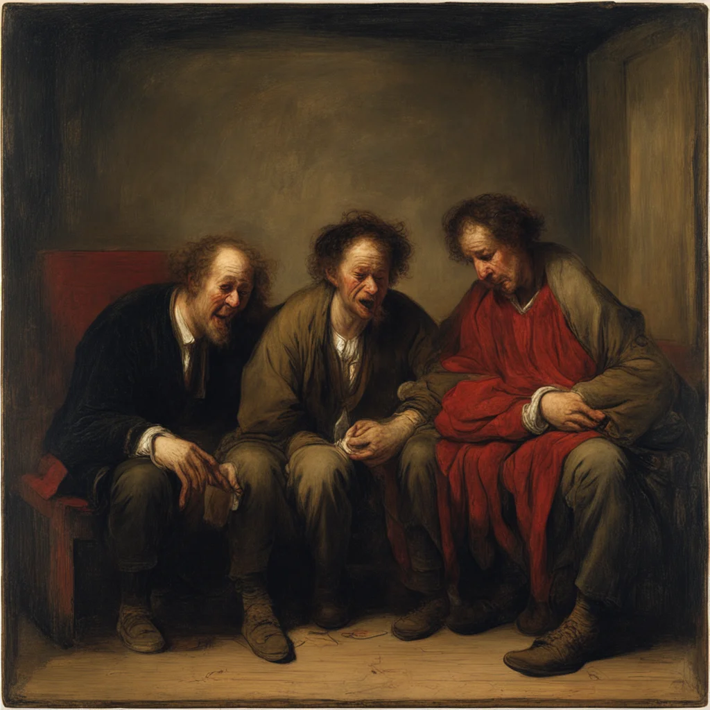 Rembrandts painting depicting a scene of adult men desperately crying over a red stock graph losing 90% of the value