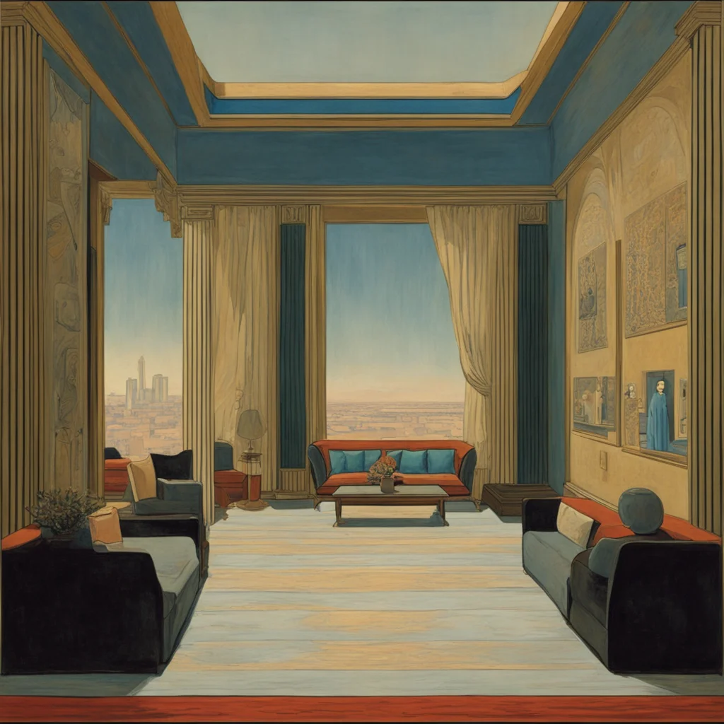 René Magritte Hiroshi Yoshida Edward Hopper middle eastern theater interior fantasy surreal ar 169