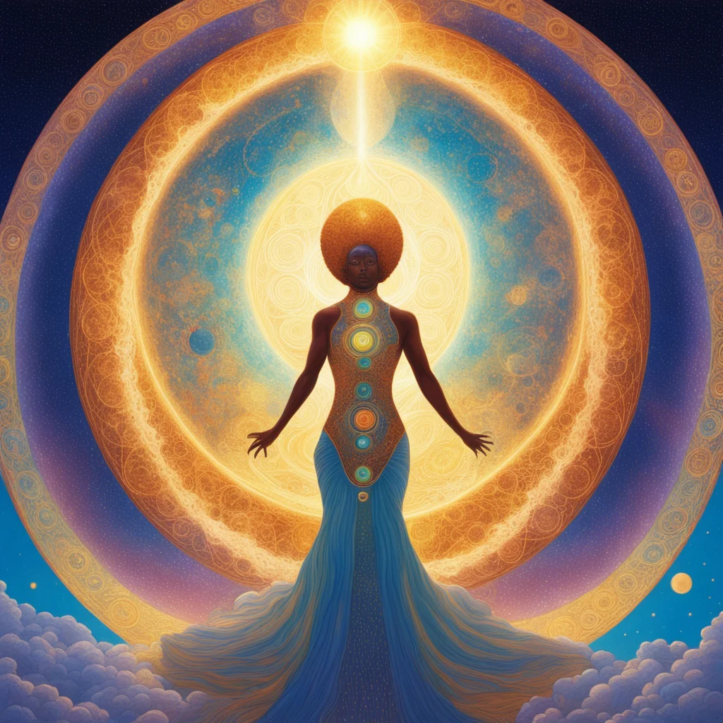 Rerolling prompt Gaia as a beautiful athletic indigenous Congolese woman ascension celestial hierarchies of concentric c