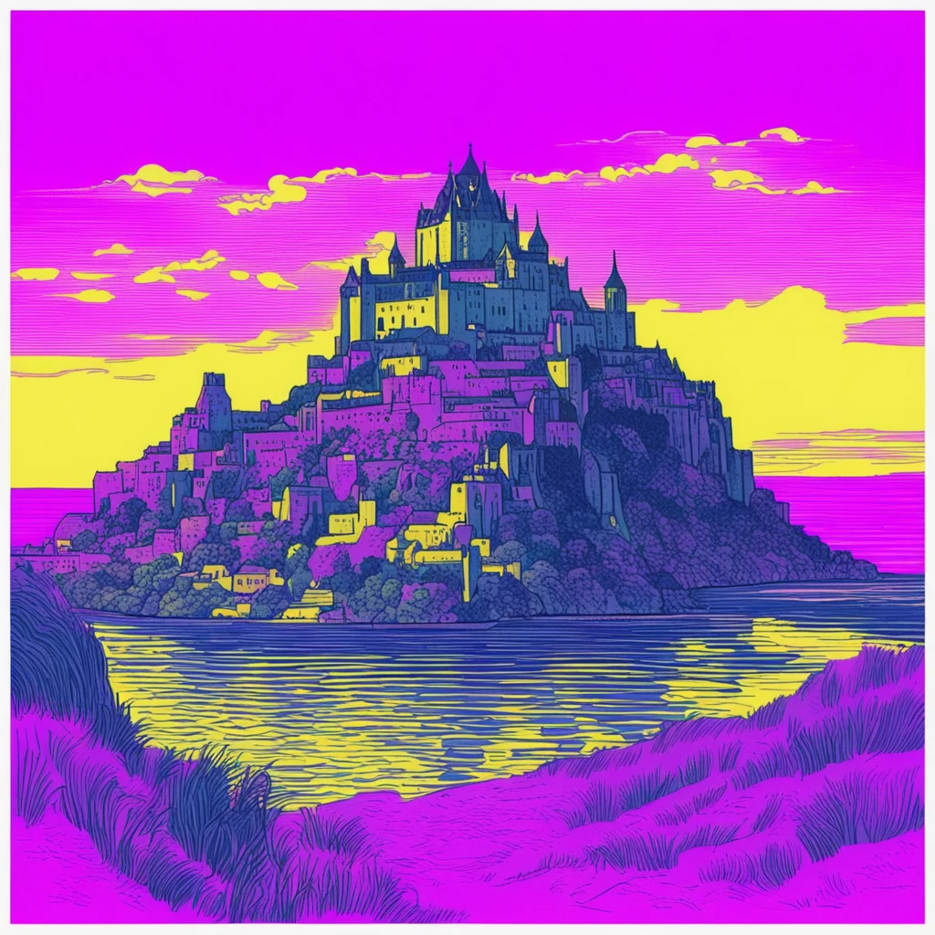 Risograph of the Mont Saint Michel in the style of Van Gogh using only shades of purple