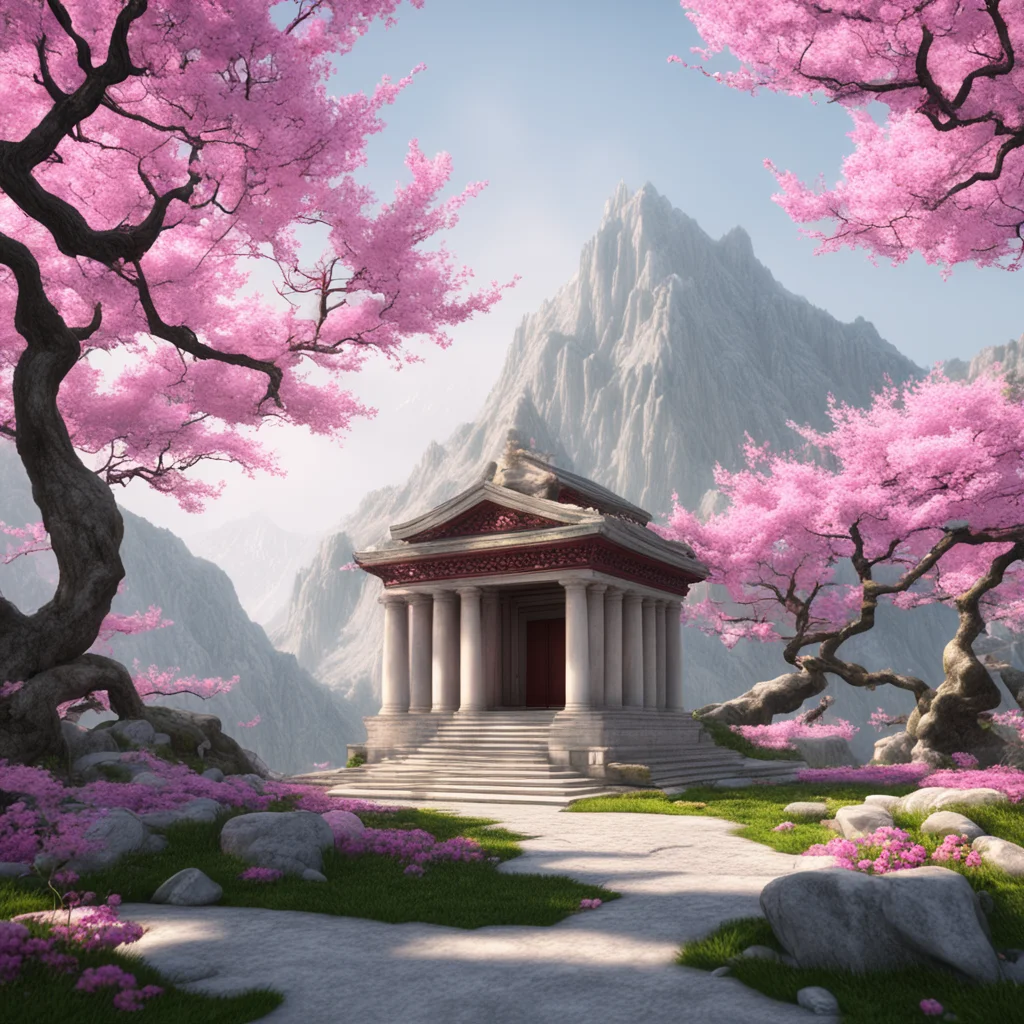 Sacred shrine marble lost in a mystic mountain cherry trees ambiant light octane render realistic