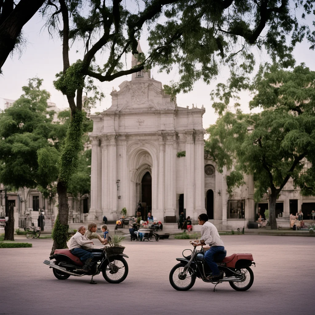 San Pedro village plaza located in Buenos Aires Argentina dusk two kids in a motorcycle church trees old folks sitting i