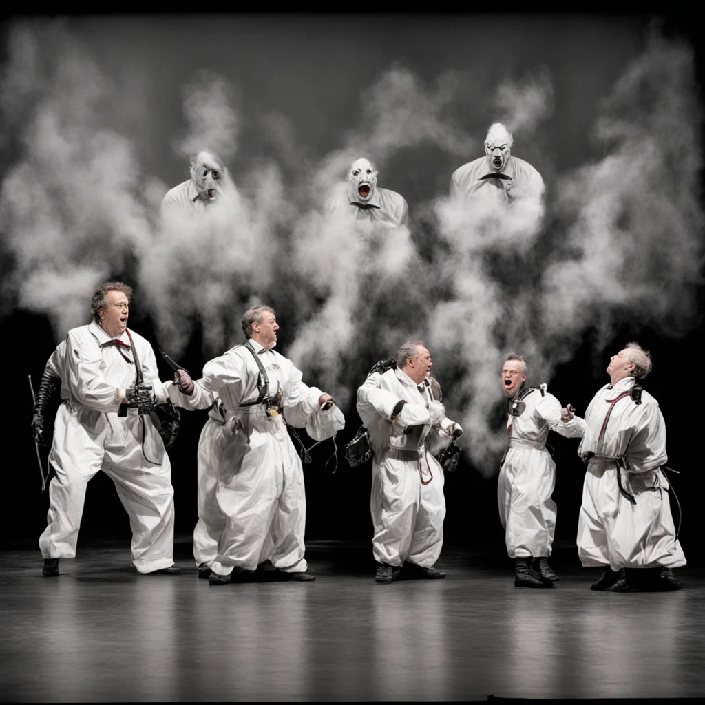 Scene from a play directed by william kentridge panoramic shot Ghostbusters fighting ghostsPublicity Photo Color Photo
