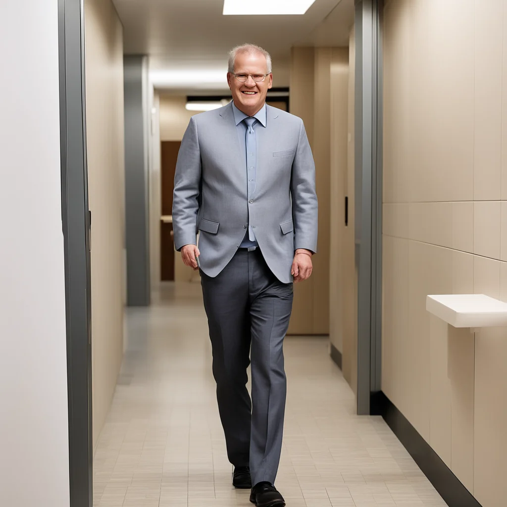 Scott Morrison walking out of the toilets at Engadine Macdonalds with a smug smirk on his face A brown stain spreads dow
